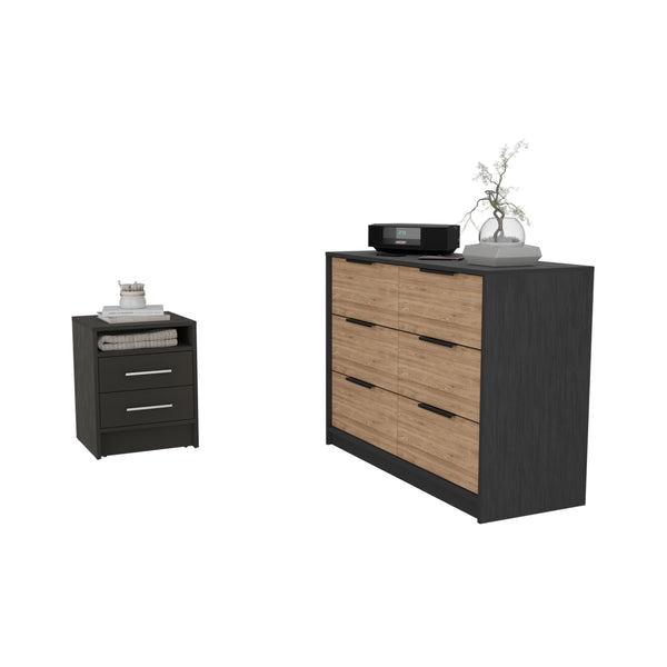 Benson 2 Piece Bedroom Set, Nightstand + Drawer Dresser, Black Wengue / Light Oak Finish