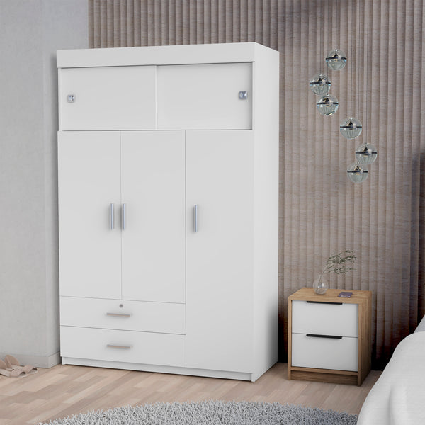 Elirya 2 Piece Bedroom Set, Armoire + Nightstand, White / Light Oak Finish