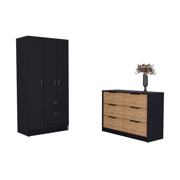 Crete 2 Piece Bedroom Set, Armoire + Drawer Dresser, Black Wengue / Pine Finish
