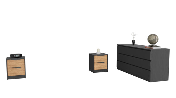 Sydney 3 Piece Bedroom Set, Nightstand + Nightstand + Drawer Dresser, Black Wengue / Pine Finish