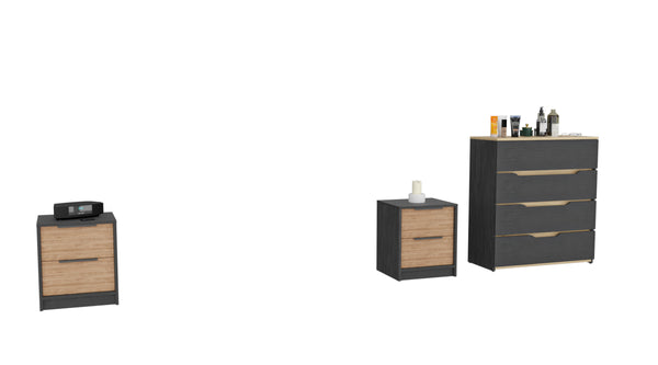 Blaine 3 Piece Bedroom Set, Nightstand + Nightstand + Drawer Dresser, Black Wengue / Pine / Light Oak Finish