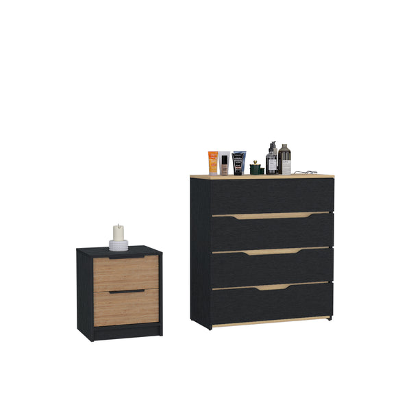 Canby 2 Piece Bedroom Set, Nightstand + Drawer Dresser, Black Wengue / Pine / Light Oak Finish