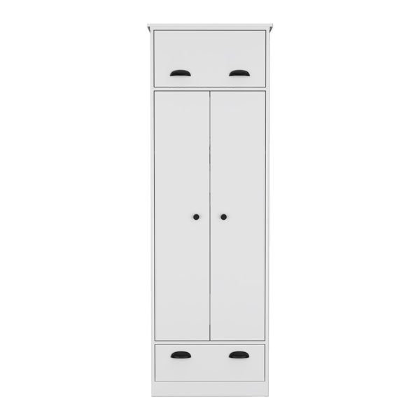 Linch Armoire with Hinged Drawer, Double Door Cabinet and 1-Drawer, White Finish