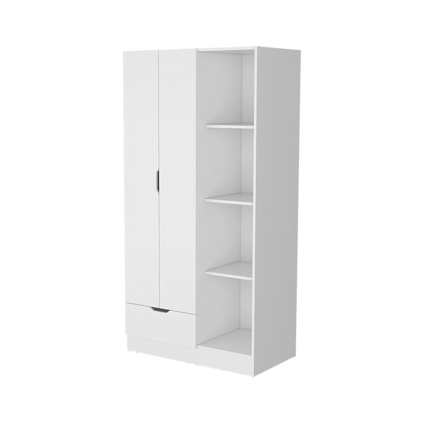 Redmond Armoire with Single Drawer, 4 Storage Shelves and Hanging Rod, White Finish