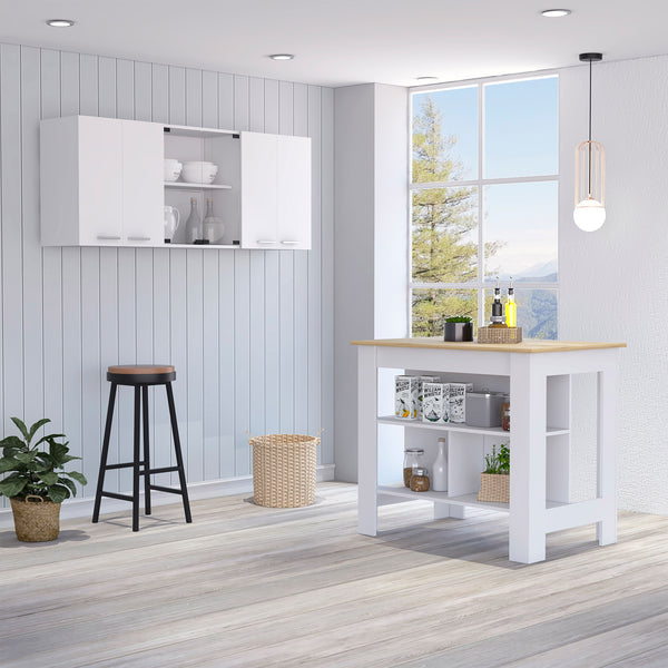 Norfolk 2 Piece Kitchen Set, Kitchen Island + Upper Wall Cabinet , White /Light Oak