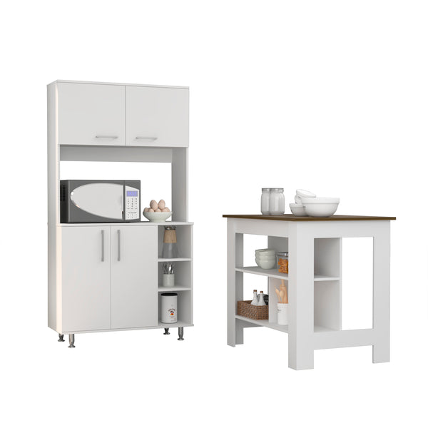 Surrey 2 Piece Kitchen Set, Kitchen Island+Pantry Cabinet, White / Walnut Finish