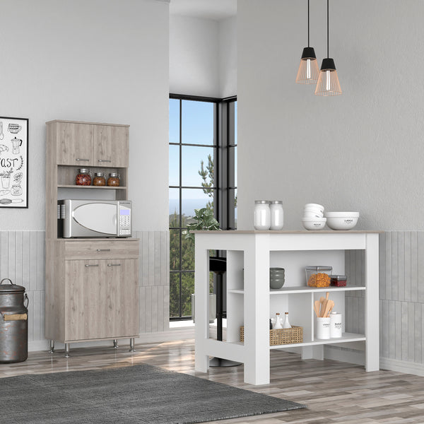 Calgary 2 Piece Kitchen Set, Kitchen Island + Pantry Cabinet , White /Light Gray Finish