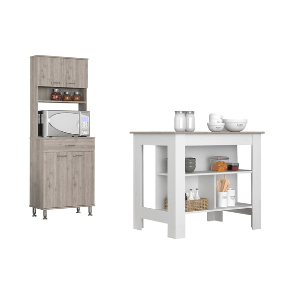 Calgary 2 Piece Kitchen Set, Kitchen Island + Pantry Cabinet , White /Light Gray Finish