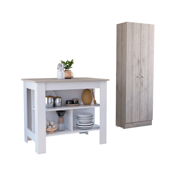 Ontario 2 Piece Kitchen Set, Kitchen Island+Pantry Cabinet, White/Light Gray Finish