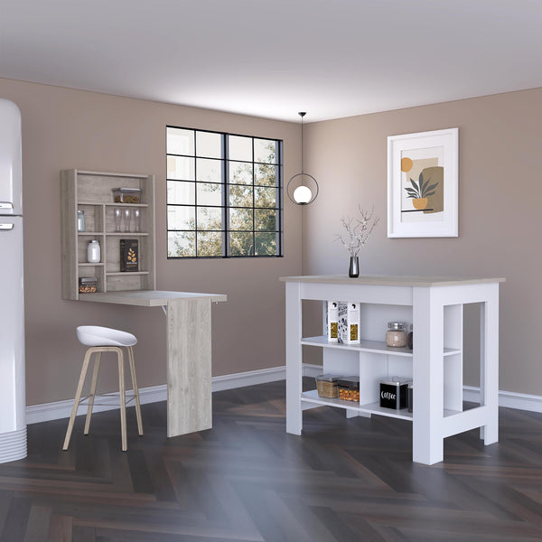 Pasadena 2 Piece Kitchen Set, Kitchen Island+Functional Table,White/Light Gray Finish
