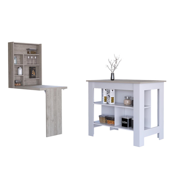 Pasadena 2 Piece Kitchen Set, Kitchen Island+Functional Table,White/Light Gray Finish