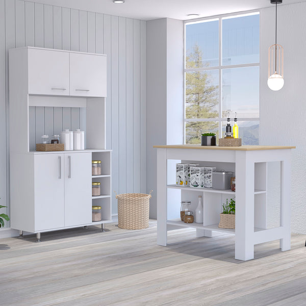 Surrey 2 Piece Kitchen Set, Kitchen Island+Pantry Cabinet, White/Light Oak Finish