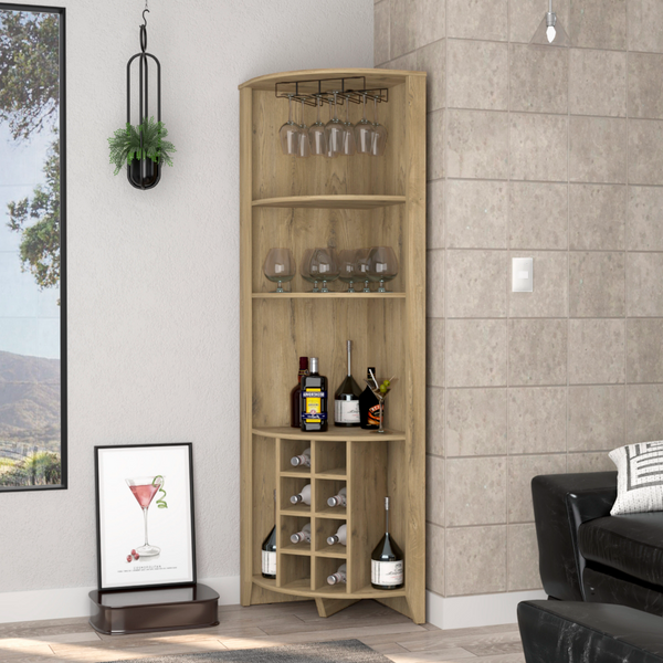 Bouvet Corner Bar Cabinet, Three Shelves, Eight Wine Cubbies, Two Side Shelves