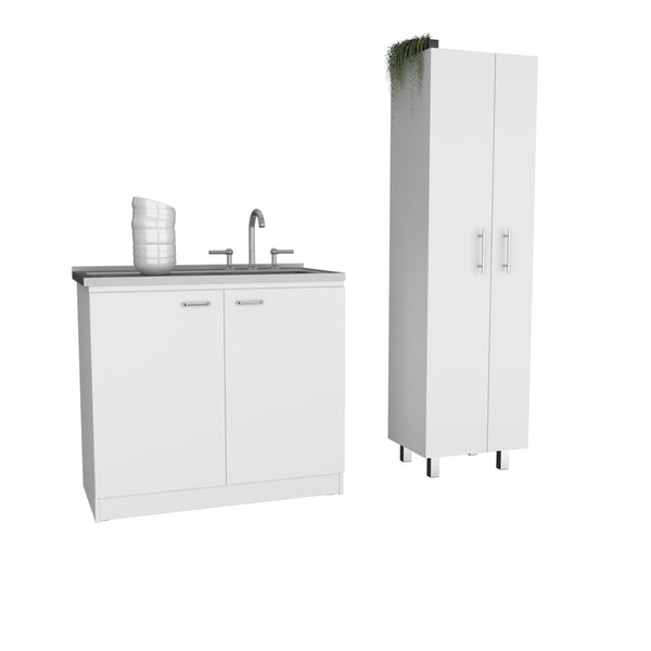 Safford 2 Piece Kitchen Set, Utility Sink Cabinet + Pantry Cabinet, White
