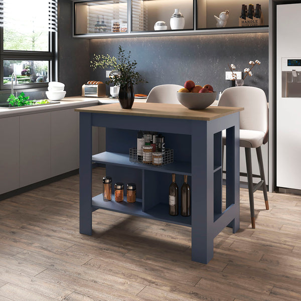 Arlington isla de cocina, diseño moderno con estantes abiertos, almacenamiento multifuncional en kronos fresno y kronos azul