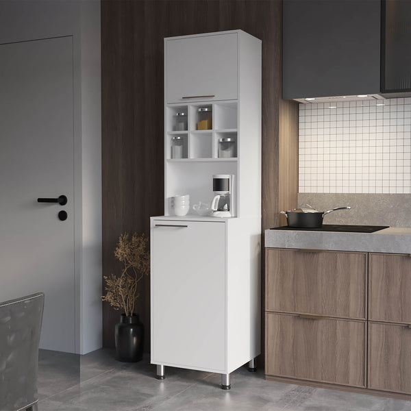 Rock Kitchen Pantry with Pneumatic Door, Open Storage, and Bottom Cabinet, White.