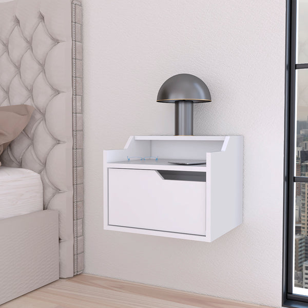 Florence Floating Nightstand with Drawer and Dual-Shelf Display White