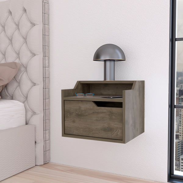 Florence Floating Nightstand with Drawer and Dual-Shelf Display Dark Brown