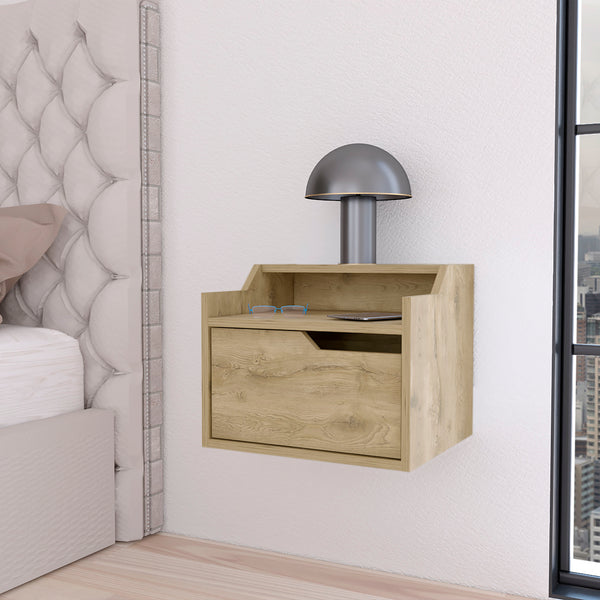 Florence Floating Nightstand with Drawer and Dual-Shelf Display Macadamia