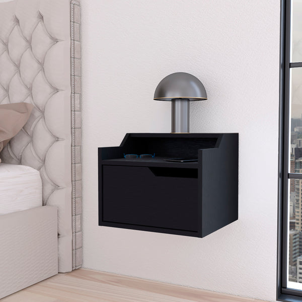 Florence Floating Nightstand with Drawer and Dual-Shelf Display Black