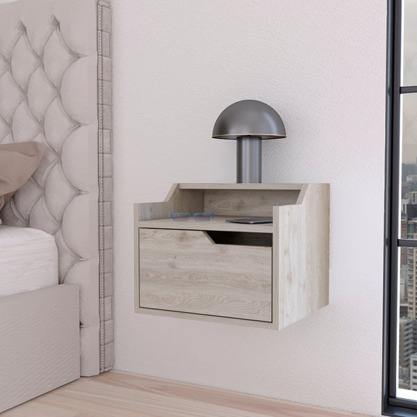 Florence Floating Nightstand with Drawer and Dual-Shelf Display Light Gray