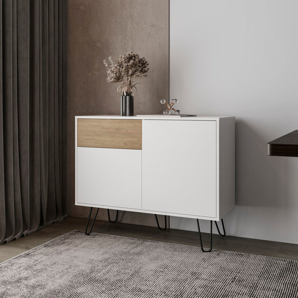 Red Rock Sideboard with Hairpin Legs, White and Natural Oak Finish