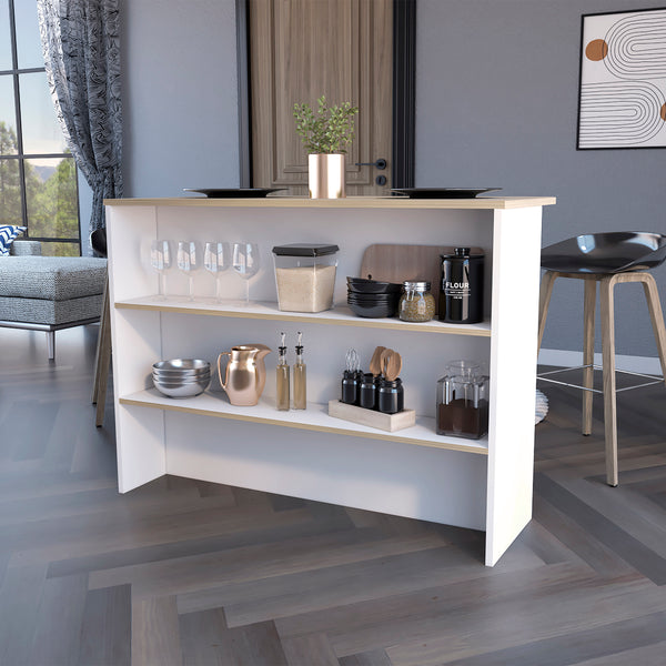 Crete Kitchen Island, Kitchen Bar with 3-Tier Shelves, White / Light Pine Finish