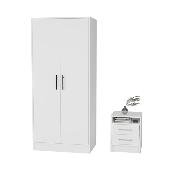 Solon 2 Piece Bedroom Set, Armoire + Nightstand, White Finish