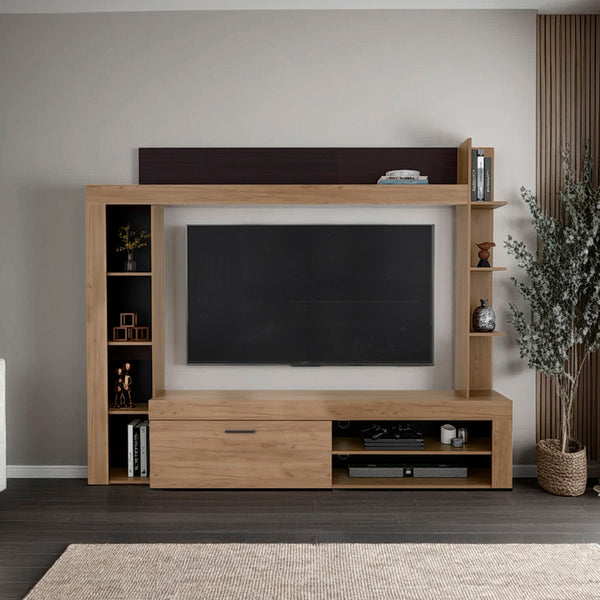 Entertainment Center, TV Stand 70" with Shelves and Cabinets, Modern Living Room Wall Unit, Natural Oak