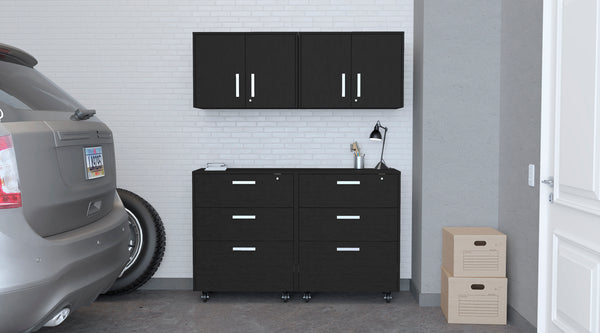 Stowe 4 Piece Garage Set, 2 Drawer Storage Cabinet + 2 Wall Cabinet, Black Wengue Finish