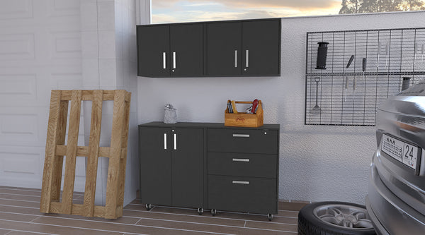 Conway 4 Piece Garage Set, Drawer Storage Cabinet + Storage Cabinet +  2 Wall Cabinet, Black Wengue Finish