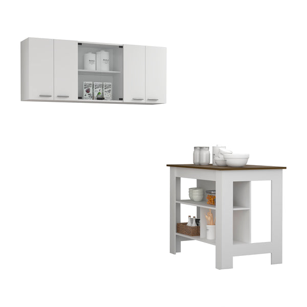 Norfolk 2 Piece Kitchen Set, Kitchen Island + Upper Wall Cabinet , White /Walnut