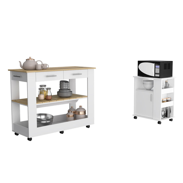 Danville 2 Piece Kitchen Set, Kitchen Island + Kitchen Cart, White/Light Oak Finish