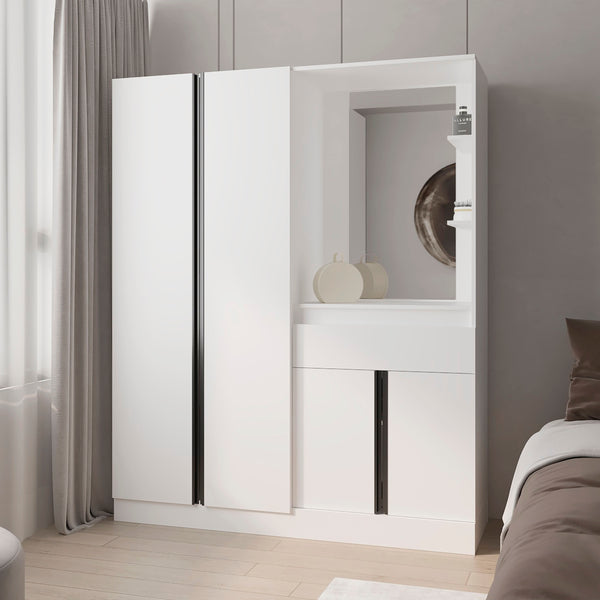 CaneMulti-Functional Wardrobe with Vanity Mirror and Storage, White