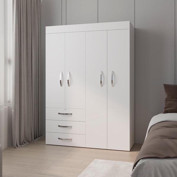 Laurens 4-Door Wardrobe with Drawers and Shelves, Multistorage, Spacious Design, White"