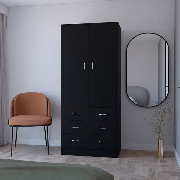 Prescott Armoire with 2 doors 3 drawers and 1 hanging rod Black