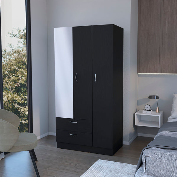 Eloy Modern Wardrobe with Ample Storagea mirror two Drawers Four Shelves and Hanging RodBlack