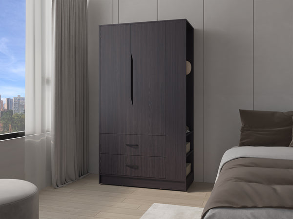 Sehili Wardrobe, 3 Doors, 1 Drawer, Side Shelves, Hanging Rods, Contemporary Design, Wenge