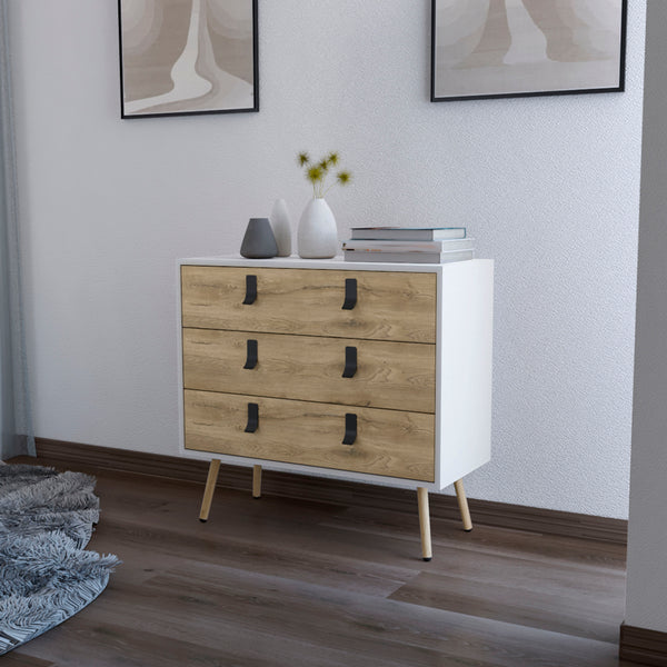 Kimball 3-drawer Dresser Modern Chic Storage with Wooden Legs White / Macadamia