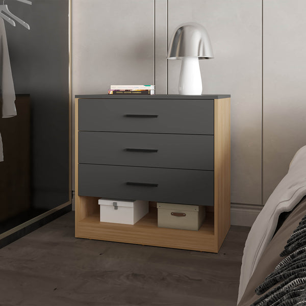 Lowrys Dresser with 3 Drawers and Open Shelf, Natural Oak and Matt Grey