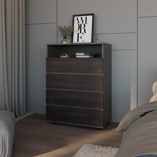 Tokio 4 Drawer Dresser with Open Shelf, Stained Walnut