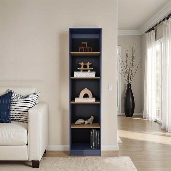Beaver Balley Bookcase with Open Storage and 5 Shelves, Blue and Natural Oak