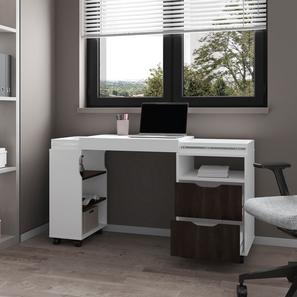 Loris Extendable Desk with Two Drawers, Open Shelves, and Sliding Mechanism