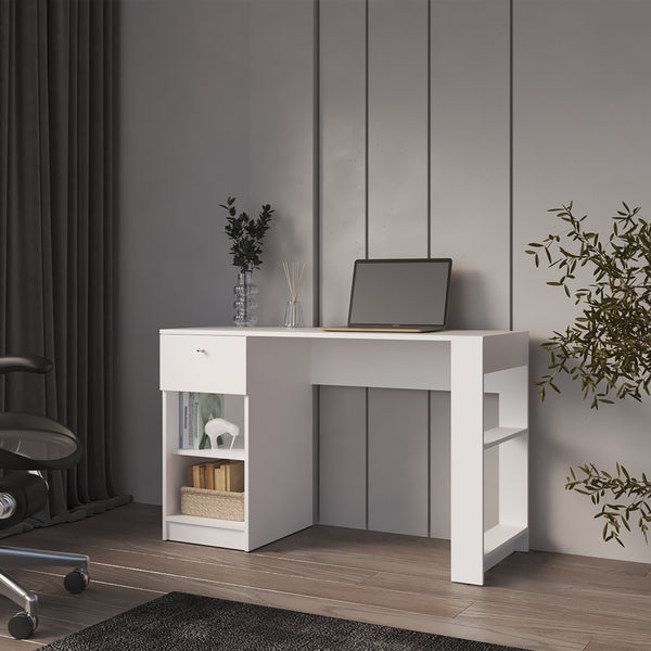 Sun City Computer Desk with a Drawer and Open Storage, White