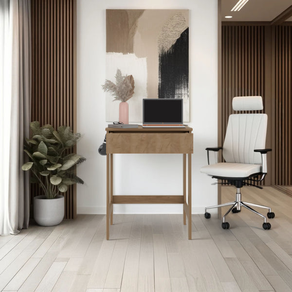 Eagar Minimalist Desk,  sturdy frame with lower support bar and functional work surface, Light Oak.