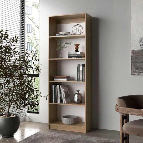 Dam Bookcase with Open Storage and 5 Shelves, Natural Oak and White