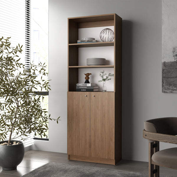 Beyerville Bookcase with Open Storage and 2 Doors, Natural Oak and White