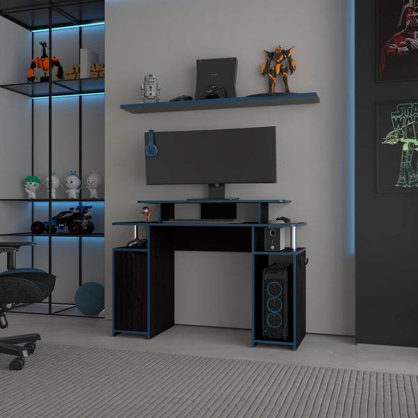 FM FURNITURE Lol Minimalist Gaming Desk with Elevated Monitor Shelf, Blue Accents