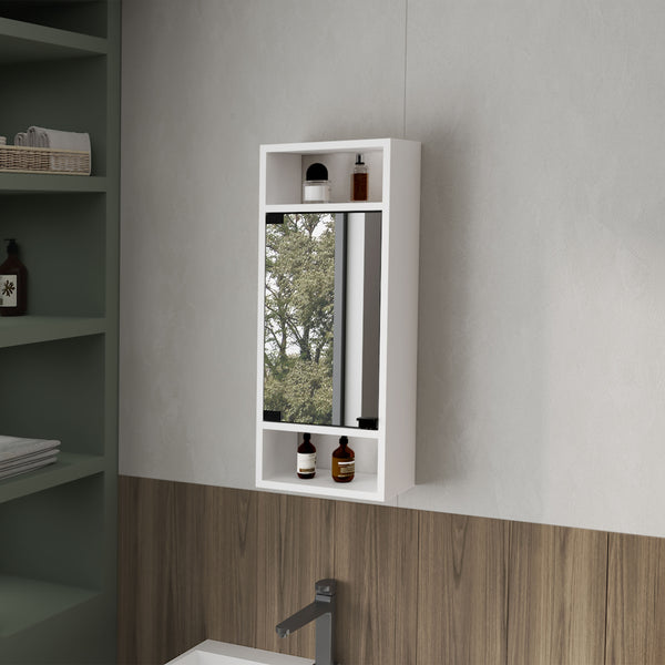 Pine Like Medicine Cabinet with Mirrored Door and Open Storage, White