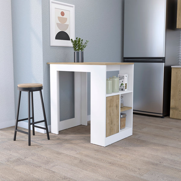 Culver Kitchen Island with Storage Shelves and Single Door Cabinet, White / Macadamia Finish